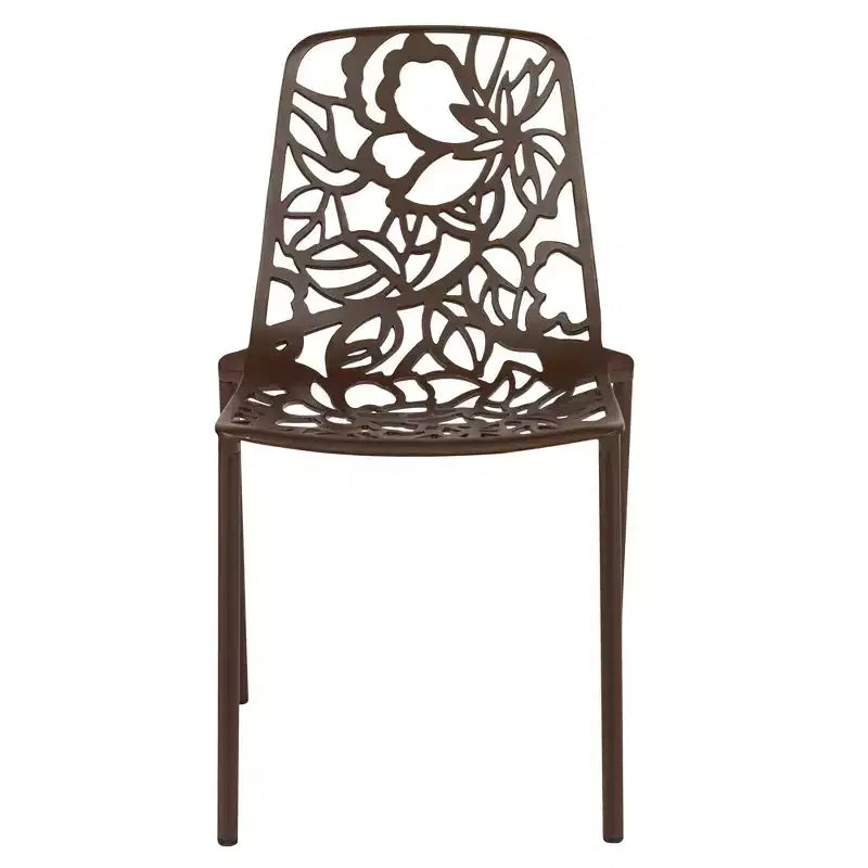 LeisureMod Devon 3-Piece Aluminum Outdoor Patio Dining Set with Tempered Glass Top Table and 2 Stackable Flower Design Chairs