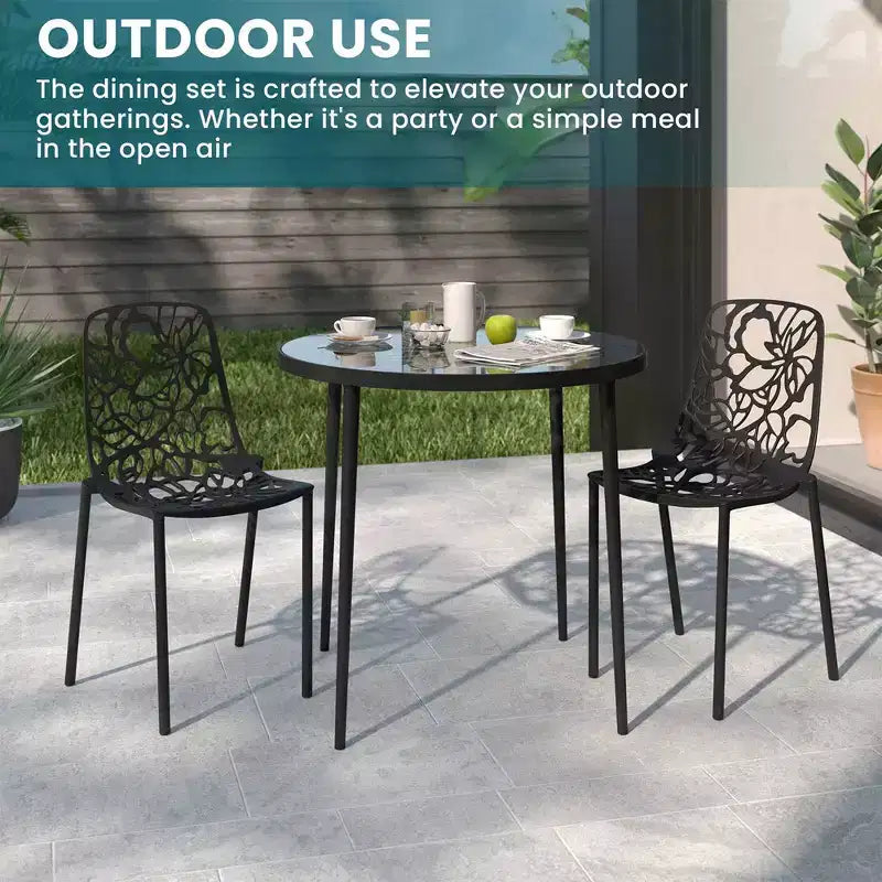 LeisureMod Devon 3-Piece Aluminum Outdoor Patio Dining Set with Tempered Glass Top Table and 2 Stackable Flower Design Chairs
