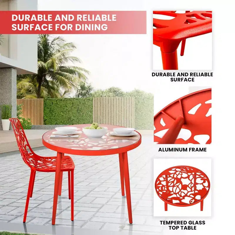 LeisureMod Devon 3-Piece Aluminum Outdoor Patio Dining Set with Tempered Glass Top Table and 2 Stackable Flower Design Chairs