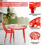 LeisureMod Devon 3-Piece Aluminum Outdoor Patio Dining Set with Tempered Glass Top Table and 2 Stackable Flower Design Chairs