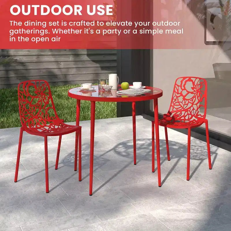 LeisureMod Devon 3-Piece Aluminum Outdoor Patio Dining Set with Tempered Glass Top Table and 2 Stackable Flower Design Chairs