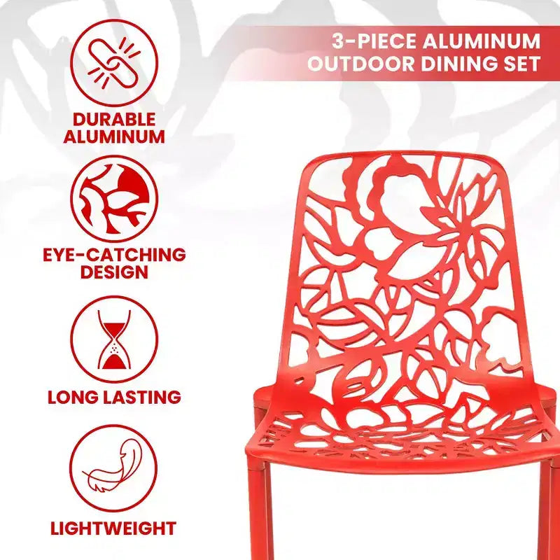 LeisureMod Devon 3-Piece Aluminum Outdoor Patio Dining Set with Tempered Glass Top Table and 2 Stackable Flower Design Chairs