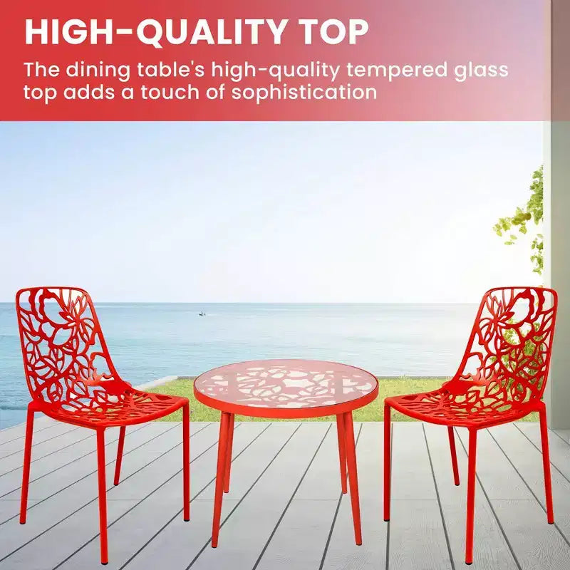 LeisureMod Devon 3-Piece Aluminum Outdoor Patio Dining Set with Tempered Glass Top Table and 2 Stackable Flower Design Chairs