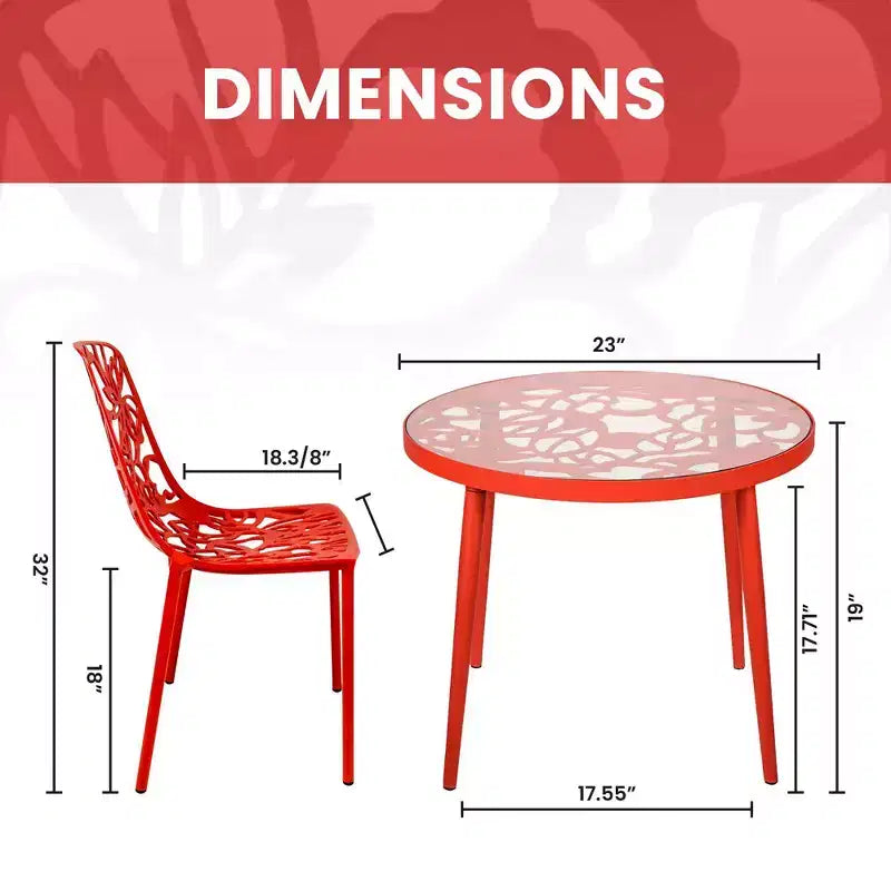 LeisureMod Devon 3-Piece Aluminum Outdoor Patio Dining Set with Tempered Glass Top Table and 2 Stackable Flower Design Chairs