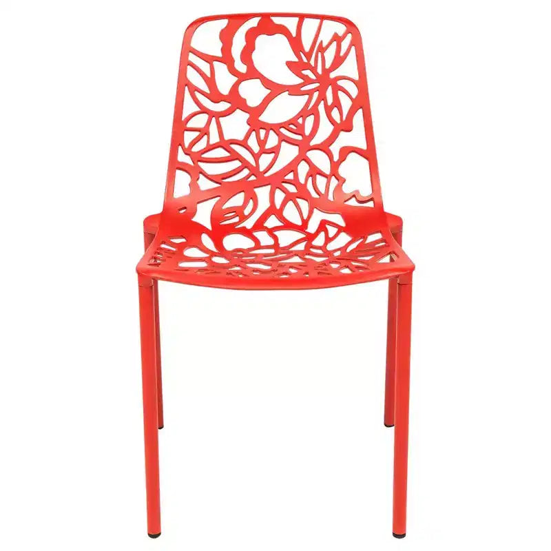 LeisureMod Devon 3-Piece Aluminum Outdoor Patio Dining Set with Tempered Glass Top Table and 2 Stackable Flower Design Chairs