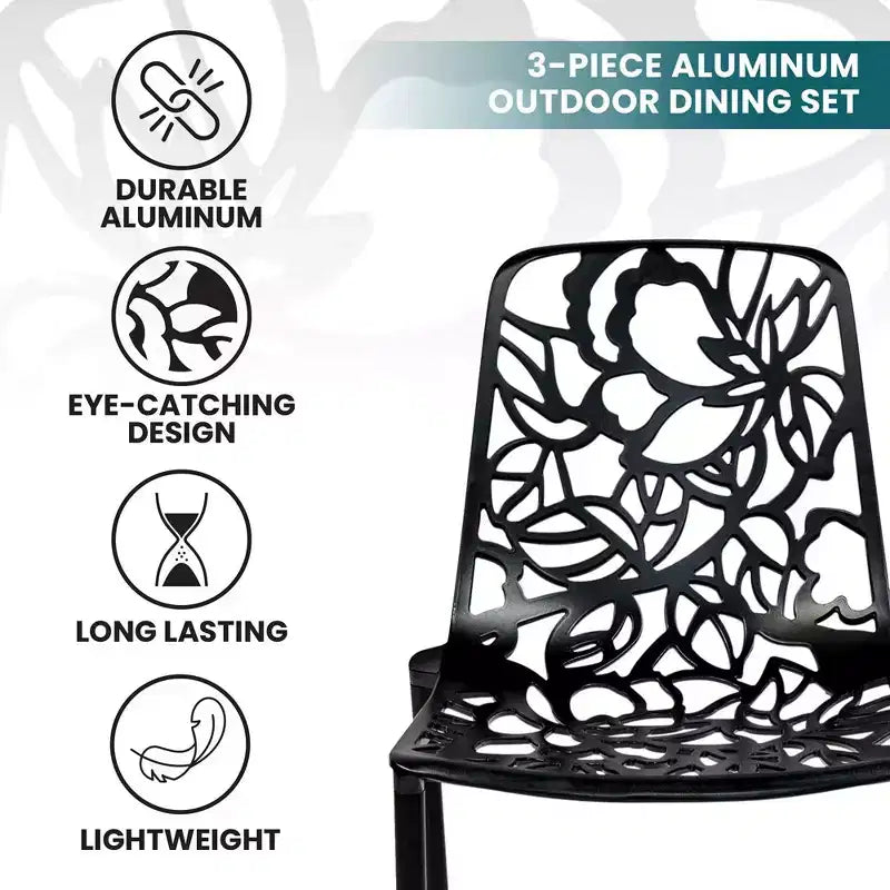 LeisureMod Devon 3-Piece Aluminum Outdoor Patio Dining Set with Tempered Glass Top Table and 2 Stackable Flower Design Chairs