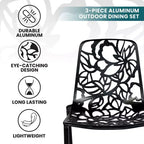 LeisureMod Devon 3-Piece Aluminum Outdoor Patio Dining Set with Tempered Glass Top Table and 2 Stackable Flower Design Chairs
