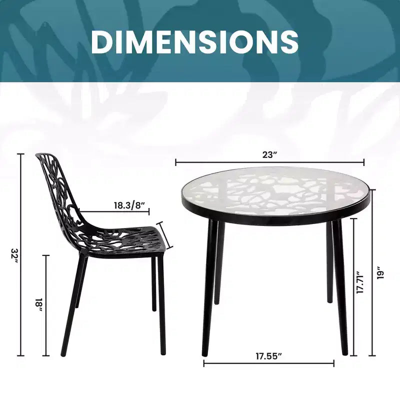 LeisureMod Devon 3-Piece Aluminum Outdoor Patio Dining Set with Tempered Glass Top Table and 2 Stackable Flower Design Chairs