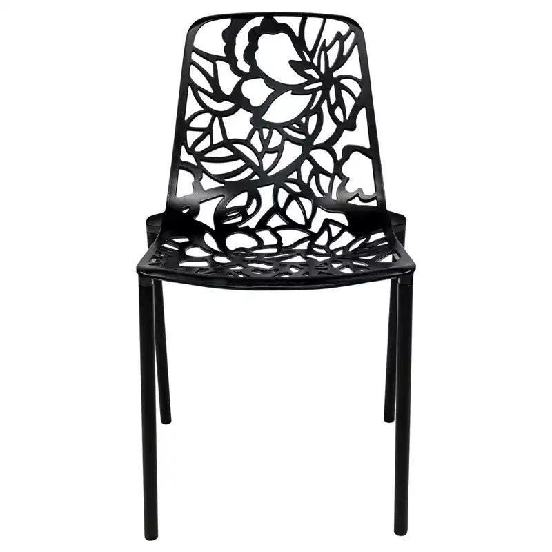 LeisureMod Devon 3-Piece Aluminum Outdoor Patio Dining Set with Tempered Glass Top Table and 2 Stackable Flower Design Chairs
