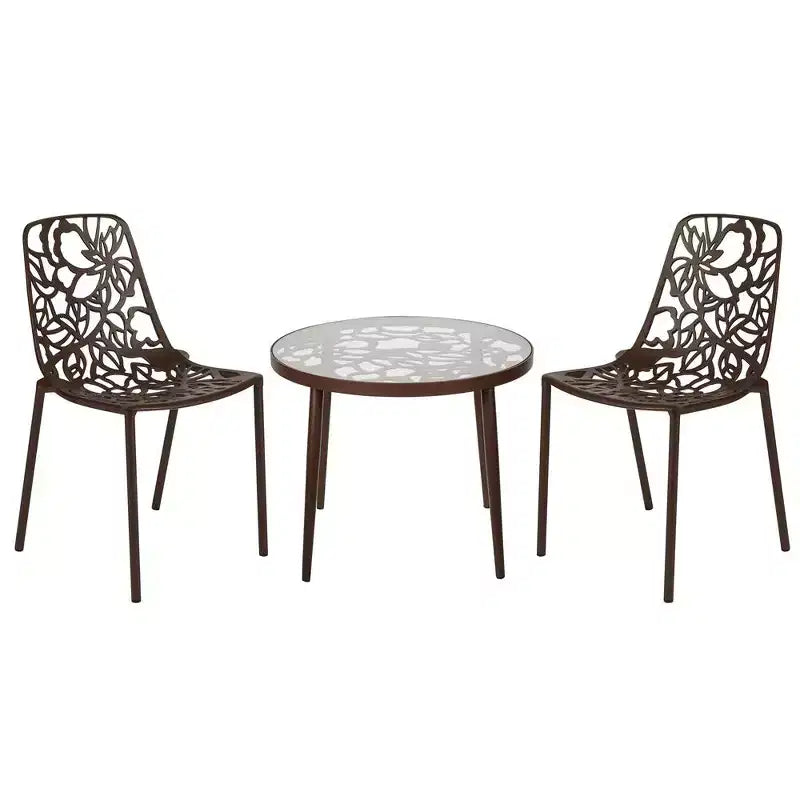 Set da pranzo da esterno per patio LeisureMod Devon composto da 3 pezzi in alluminio, con tavolo con piano in vetro temperato e 2 sedie impilabili con motivo floreale