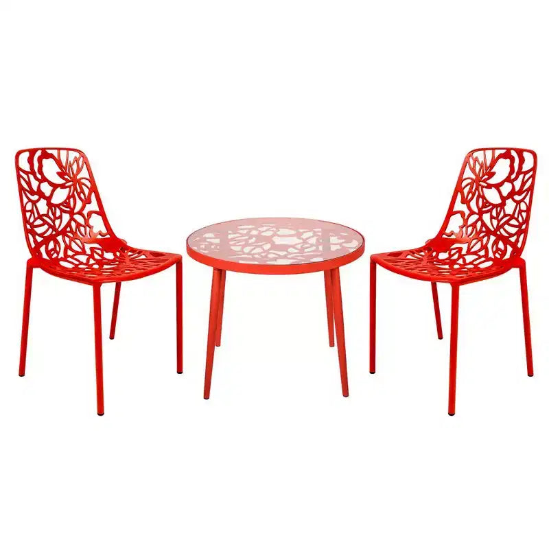 Set da pranzo da esterno per patio LeisureMod Devon composto da 3 pezzi in alluminio, con tavolo con piano in vetro temperato e 2 sedie impilabili con motivo floreale