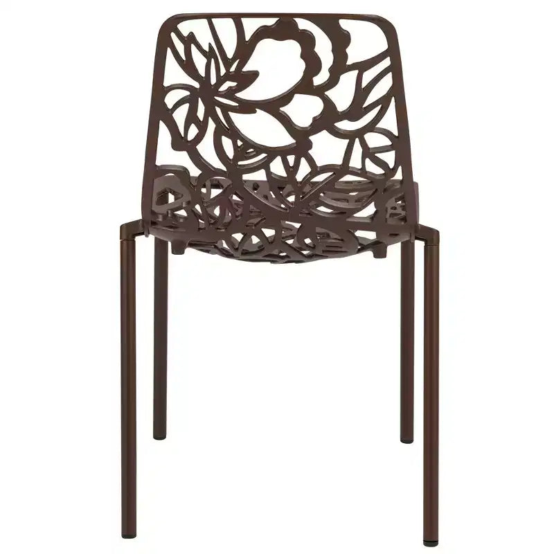 LeisureMod Devon 5-Piece Outdoor Dining Set - Round Glass Table with 4 Black Flower Design Stackable Chairs
