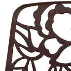 LeisureMod Devon 5-Piece Outdoor Dining Set - Round Glass Table with 4 Black Flower Design Stackable Chairs