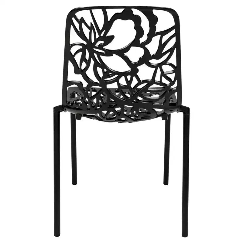 LeisureMod Devon 5-Piece Outdoor Dining Set - Round Glass Table with 4 Black Flower Design Stackable Chairs