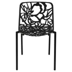 LeisureMod Devon 5-Piece Outdoor Dining Set - Round Glass Table with 4 Black Flower Design Stackable Chairs
