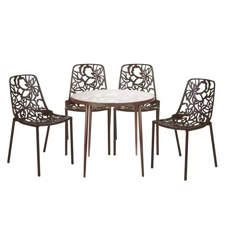 Set da pranzo da esterno LeisureMod Devon da 5 pezzi - Tavolo rotondo in vetro con 4 sedie impilabili nere con design floreale
