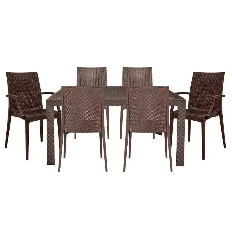 Set da pranzo rettangolare da esterno LeisureMod Mace in stile Mid-Century da 7 pezzi, con 4 sedie senza braccioli e 2 poltroncine