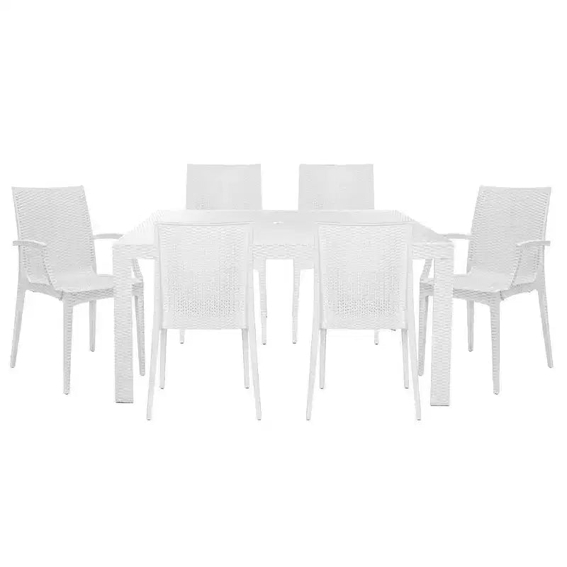 Set da pranzo rettangolare da esterno LeisureMod Mace in stile Mid-Century da 7 pezzi, con 4 sedie senza braccioli e 2 poltroncine