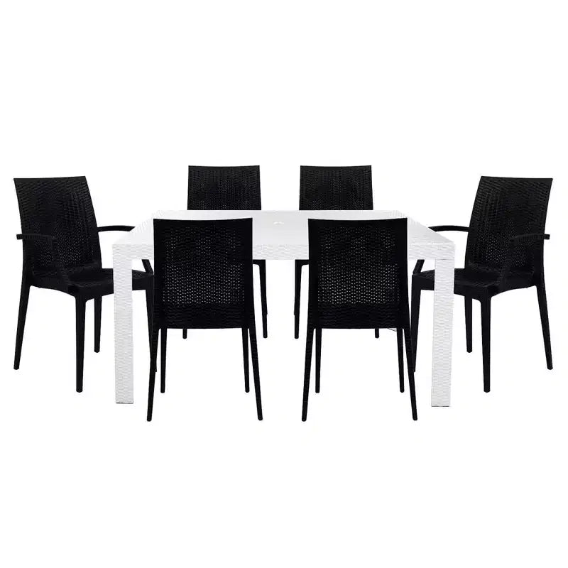 Set da pranzo rettangolare da esterno LeisureMod Mace in stile Mid-Century da 7 pezzi, con 4 sedie senza braccioli e 2 poltroncine