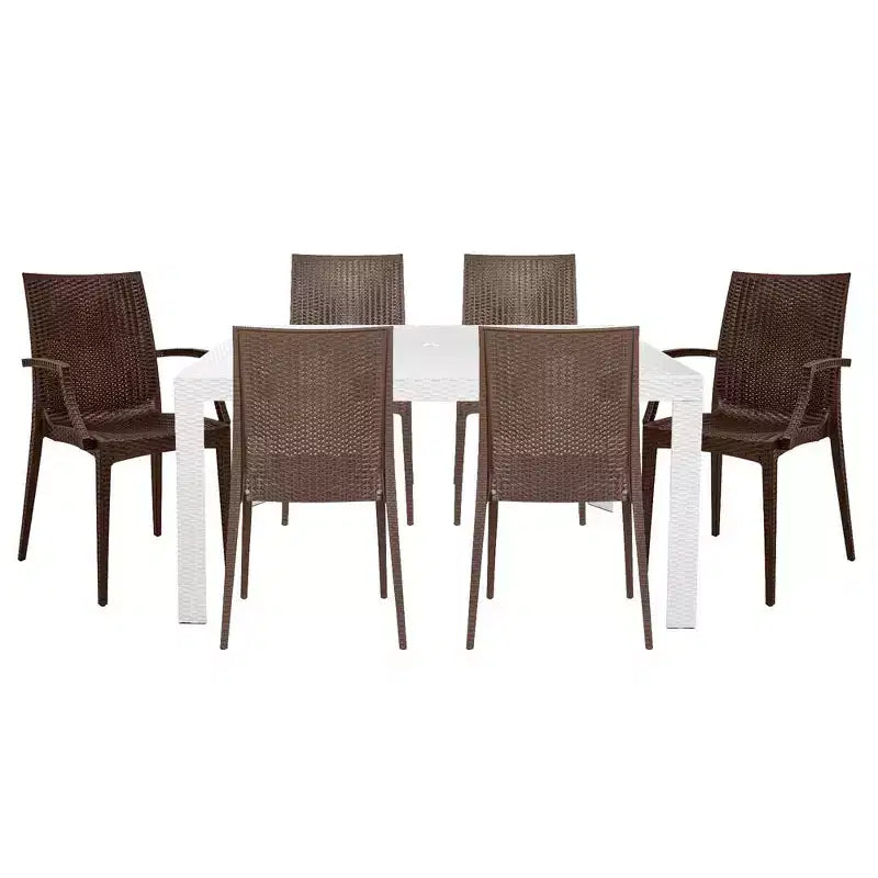 Set da pranzo rettangolare da esterno LeisureMod Mace in stile Mid-Century da 7 pezzi, con 4 sedie senza braccioli e 2 poltroncine