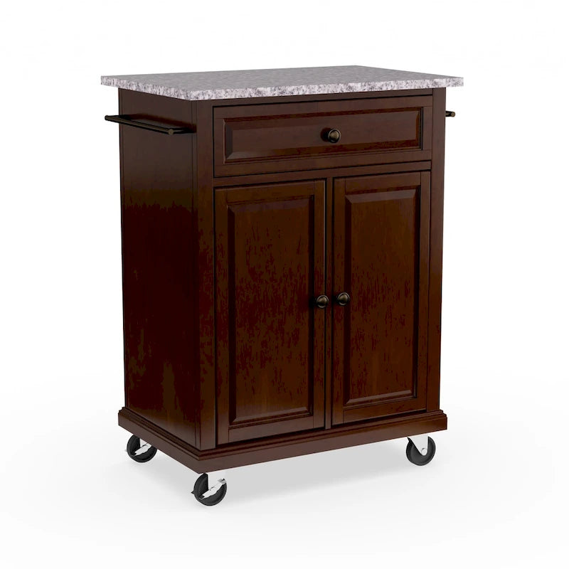 Compact Vintage Mahogany Finish Solid Granite Top Kitchen Cart and Island - 31W x 18D x 35.5H