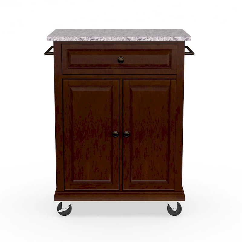 Compact Vintage Mahogany Finish Solid Granite Top Kitchen Cart and Island - 31W x 18D x 35.5H