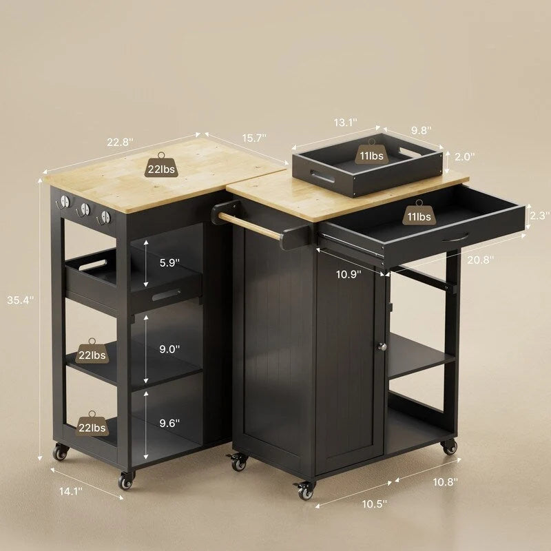 Kitchen Trolley Rolling Island Cart with 1 Drawer, Storage Cabinet and 3 Tier Storage Shelves