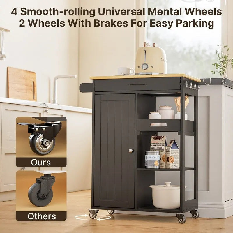 Kitchen Trolley Rolling Island Cart with 1 Drawer, Storage Cabinet and 3 Tier Storage Shelves