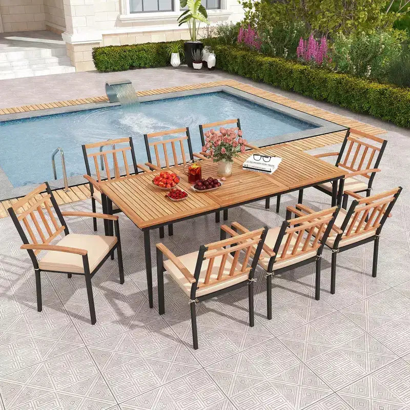Costway 9 PCS Patio Dining Set 79 Rectangle Dining Tables with 8 Wooden Armchairs