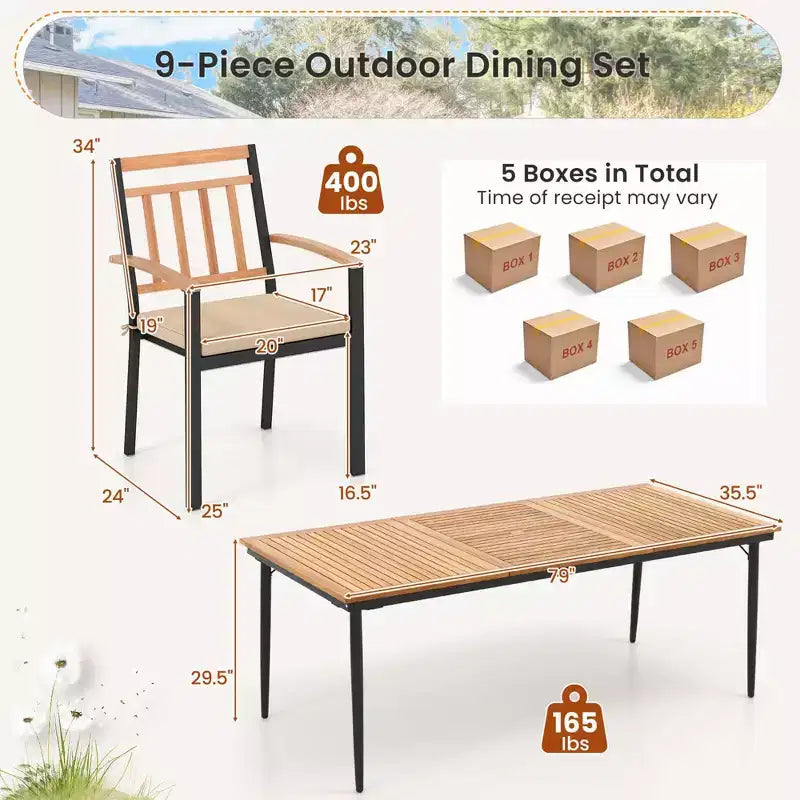 Costway 9 PCS Patio Dining Set 79 Rectangle Dining Tables with 8 Wooden Armchairs