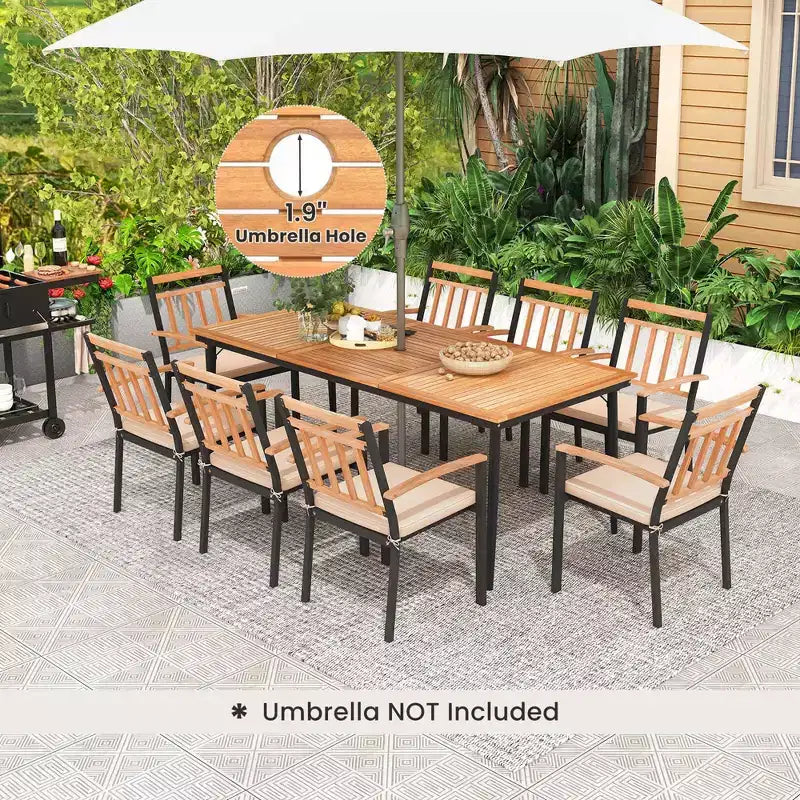 Costway 9 PCS Patio Dining Set 79 Rectangle Dining Tables with 8 Wooden Armchairs