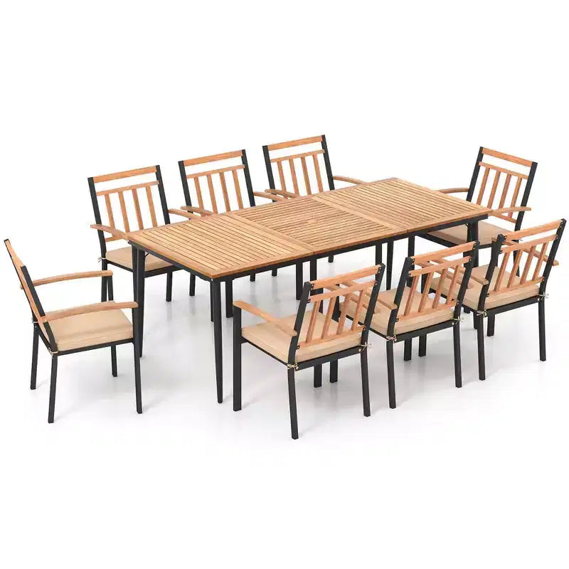 Costway 9 PCS Patio Dining Set 79 Rectangle Dining Tables with 8 Wooden Armchairs