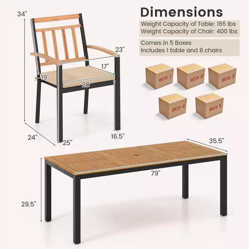 Costway 9 PCS Outdoor Dining Table & Chairs Set Table with Acacia Wood Top Umbrella Hole