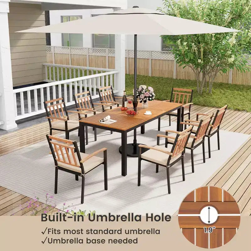 Costway 9 PCS Outdoor Dining Table & Chairs Set Table with Acacia Wood Top Umbrella Hole