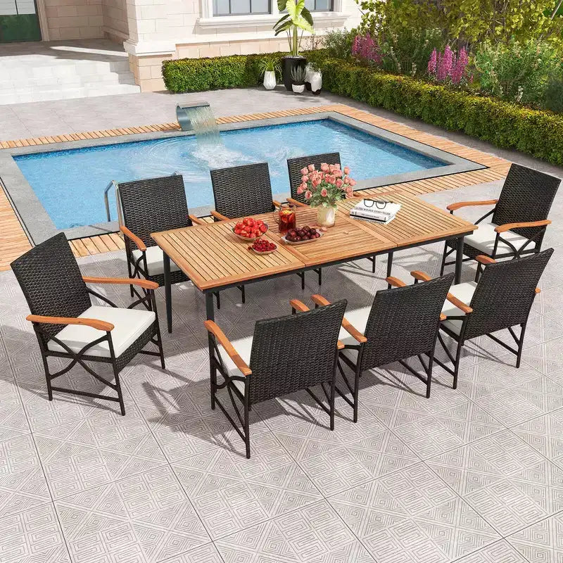 Costway 9 PCS Patio Dining Set with 1.9 Umbrella Hole X-frame Armrests Seat Cushions