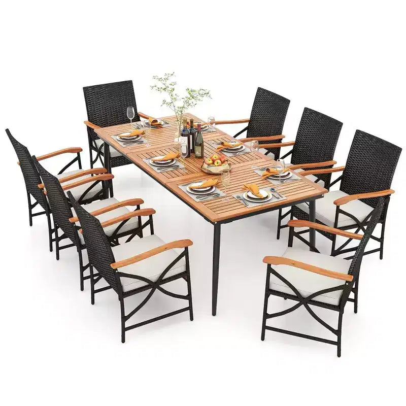 Costway 9 PCS Patio Dining Set with 1.9 Umbrella Hole X-frame Armrests Seat Cushions