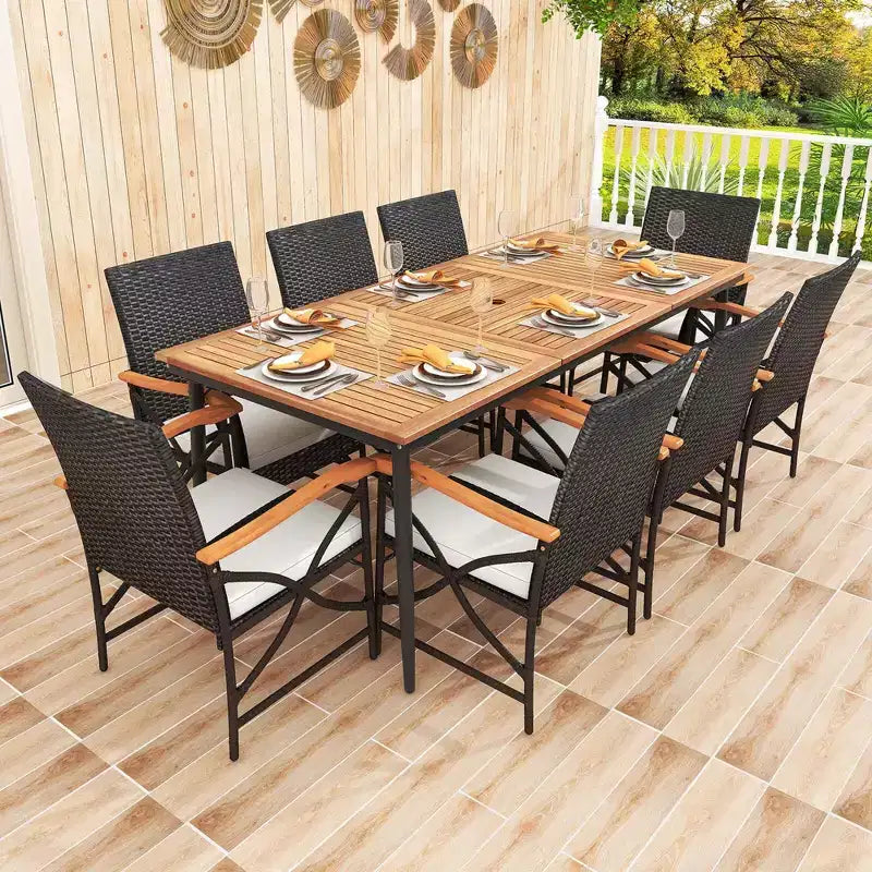 Costway 9 PCS Patio Dining Set with 1.9 Umbrella Hole X-frame Armrests Seat Cushions