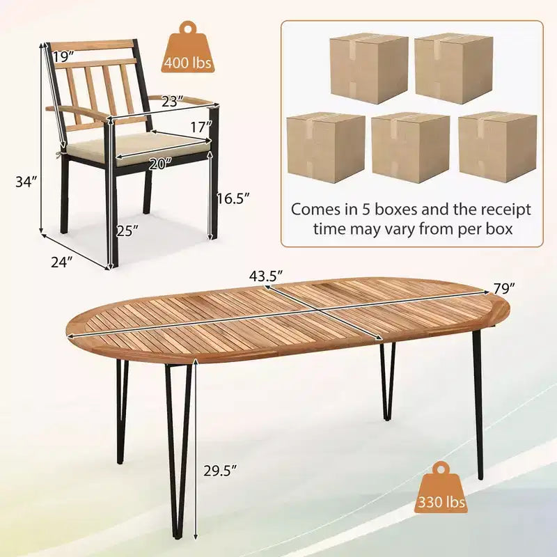 Costway 9 Pieces Outdoor Dining Set with Acacia Wood Top & Umbrella Hole Metal Frame