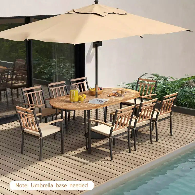 Costway 9 Pieces Outdoor Dining Set with Acacia Wood Top & Umbrella Hole Metal Frame