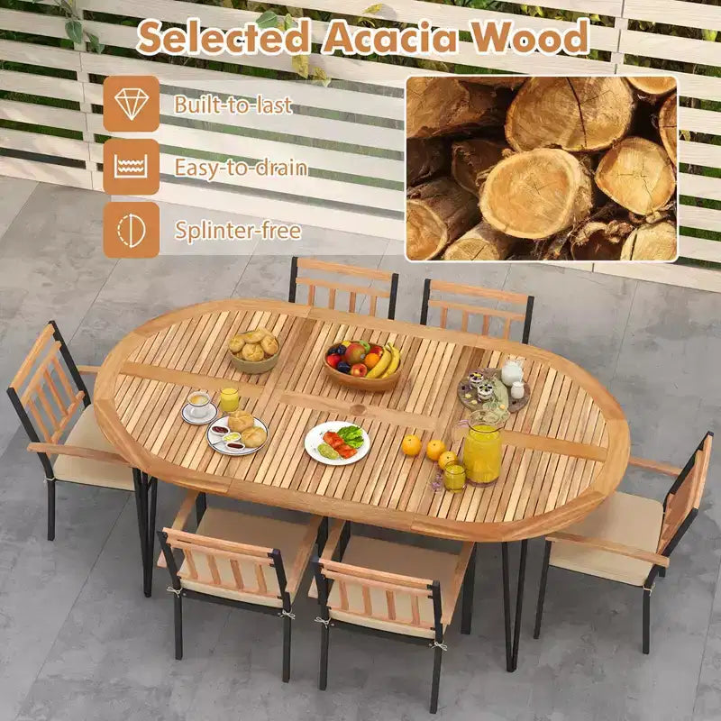 Costway 9 Pieces Outdoor Dining Set with Acacia Wood Top & Umbrella Hole Metal Frame