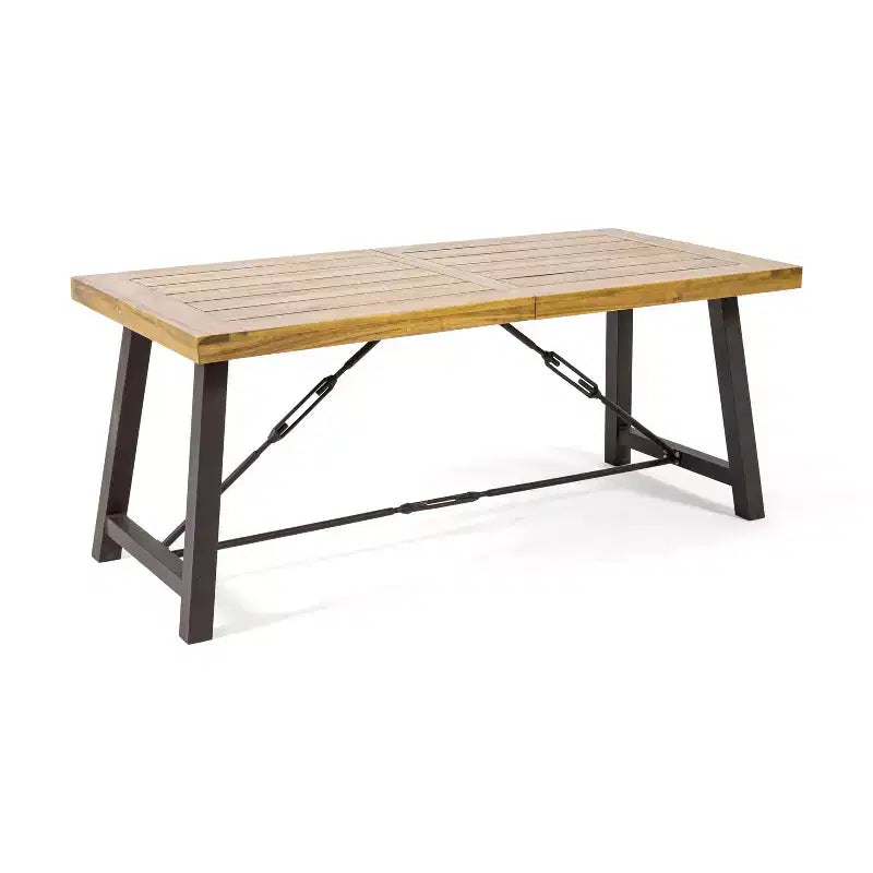 GDFStudio Rosario Outdoor Industrial Acacia Wood 3 Piece Picnic Dining Set, Teak/Rustic Metal