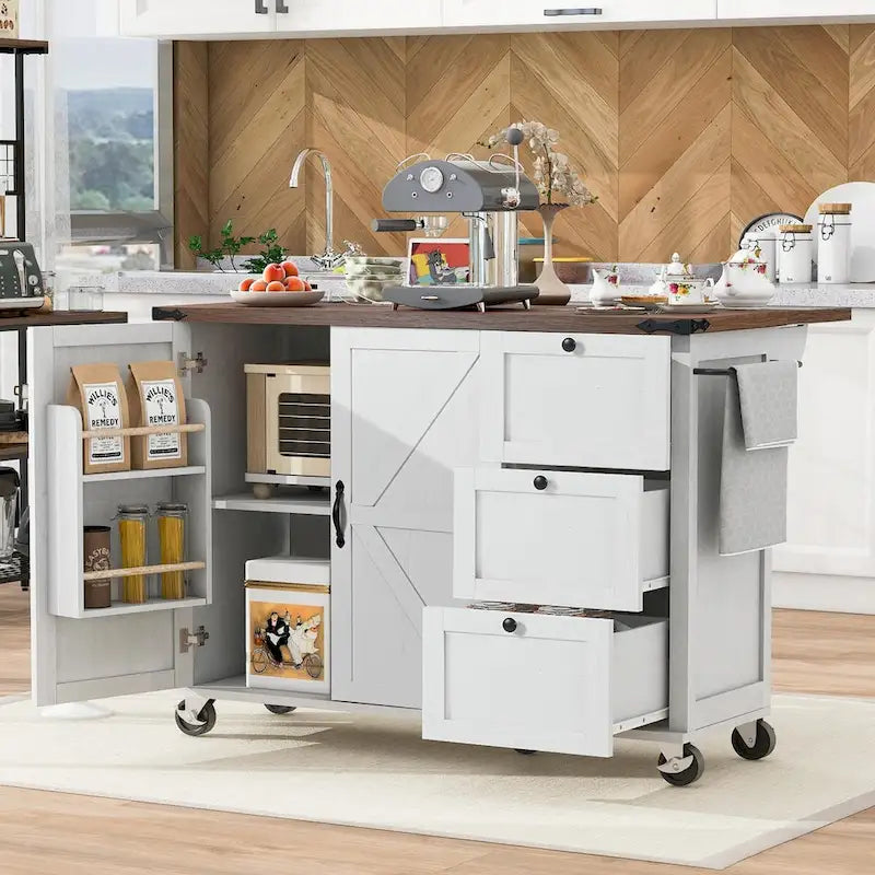 Large Rolling Kitchen Island with Storage and Power Supply