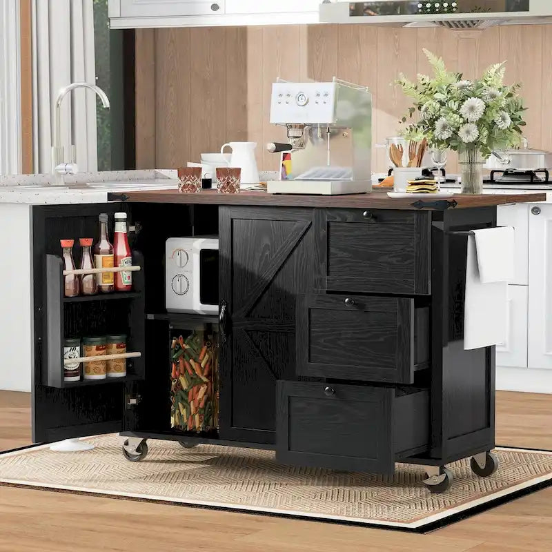 Large Rolling Kitchen Island with Storage and Power Supply