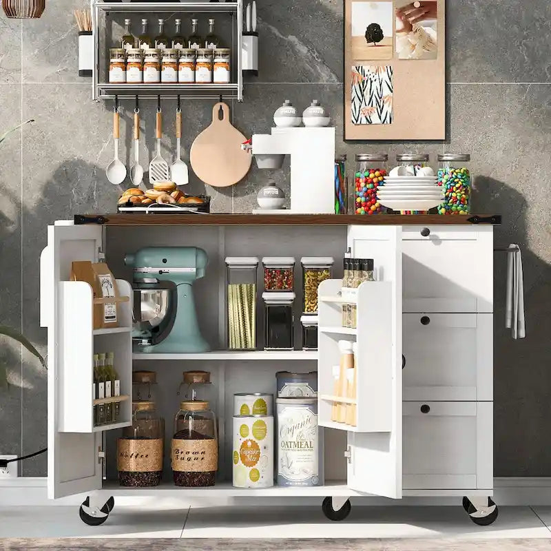 Large Rolling Kitchen Island with Storage and Power Supply
