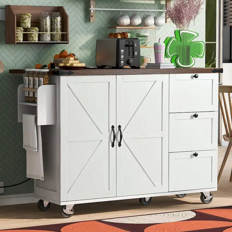 Large Rolling Kitchen Island with Storage and Power Supply