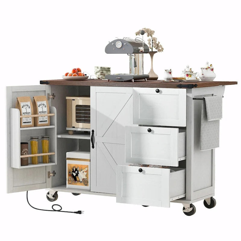 Large Rolling Kitchen Island with Storage and Power Supply