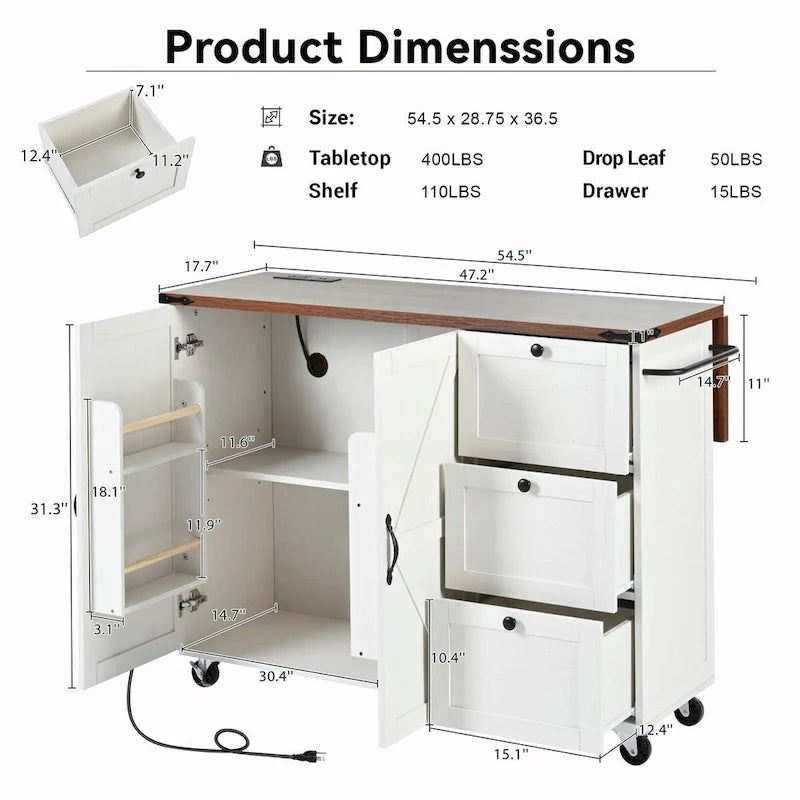Large Rolling Kitchen Island with Storage and Power Supply