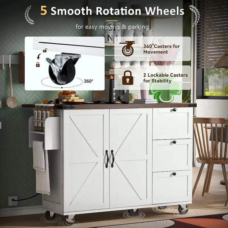 Large Rolling Kitchen Island with Storage and Power Supply