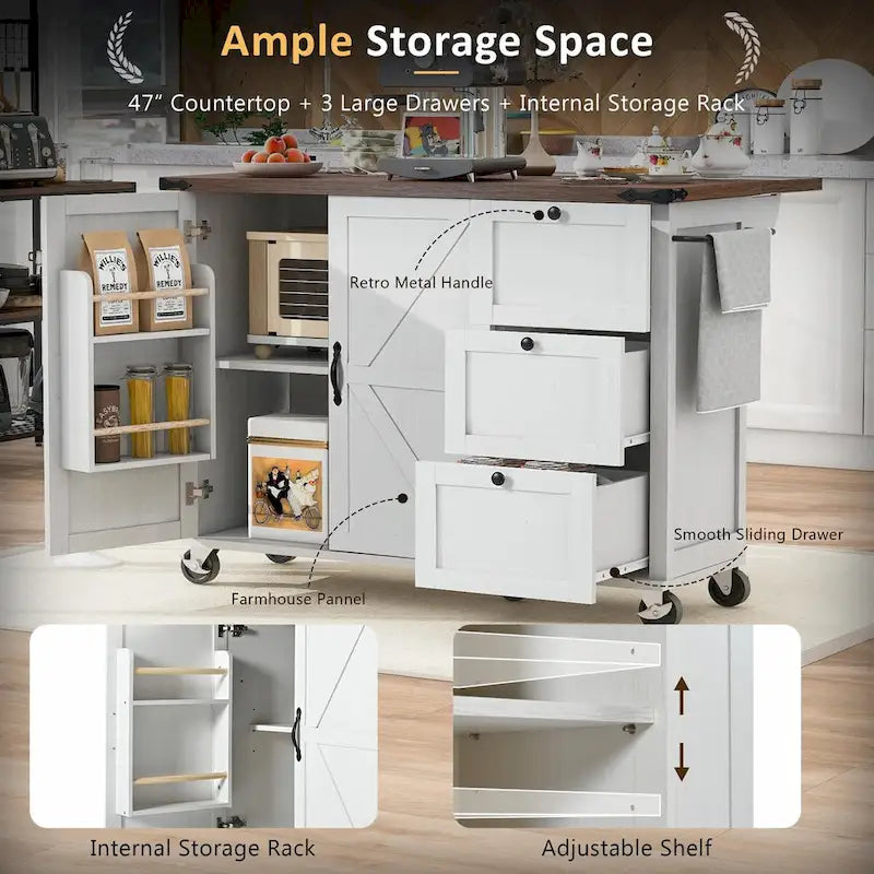 Large Rolling Kitchen Island with Storage and Power Supply
