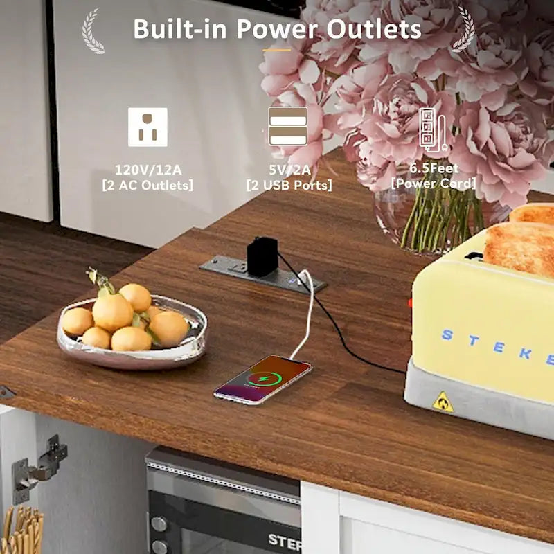 Large Rolling Kitchen Island with Storage and Power Supply